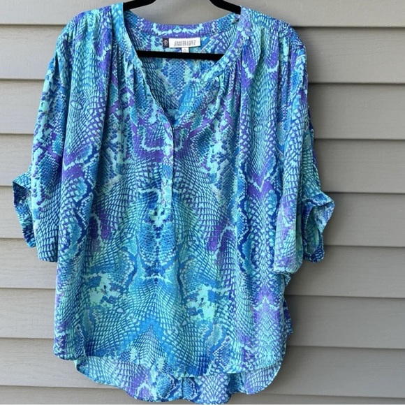 Jennifer Lopez Snake Print Dolman Sleeve Top Blue Green Flowy Women’s Size L - Picture 2 of 14